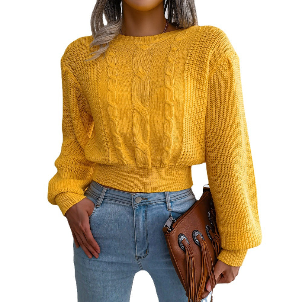 ins Style Real Shot Autumn and Winter European and American Leisure Twist Lantern Sleeve Waist Knitted Sweater Amazon Cross-border Women's Wear