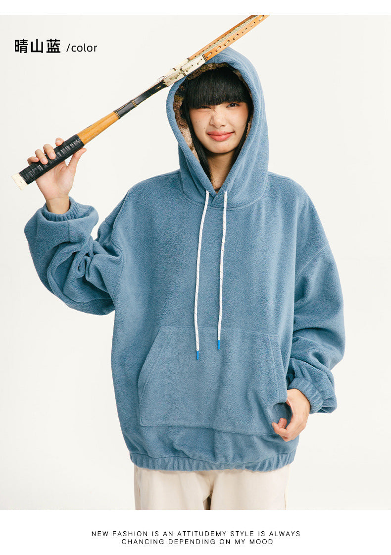 Black Fleet American Casual Style Unisex Versatile Hooded Warm Top Couple Style Hiking Fleece Solid Color Sweatshirt