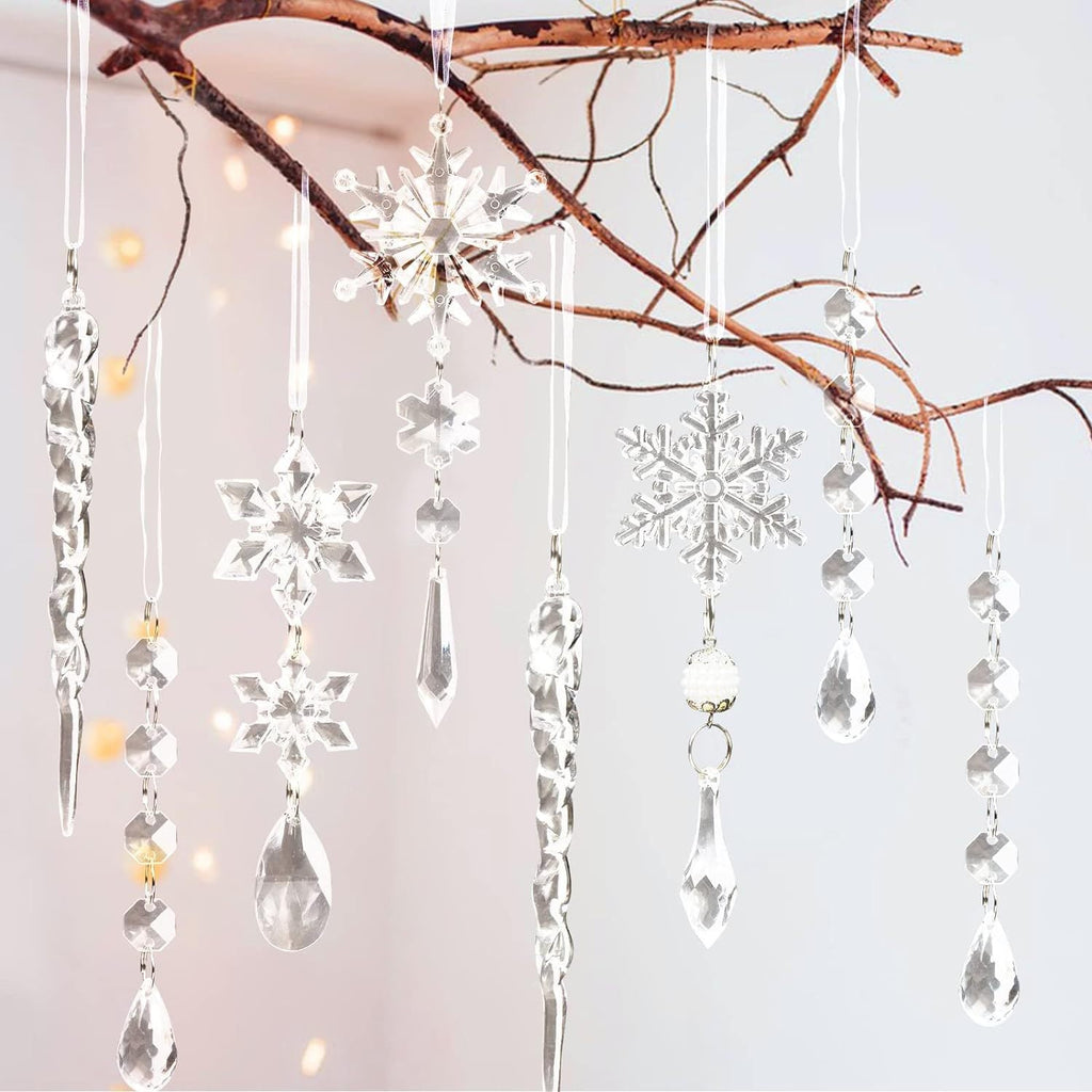 18Pcs Christmas Tree Decoration Crystal Christmas Decorations Hanging Acrylic Snowflakes and Icicles Christmas Tree Pendants