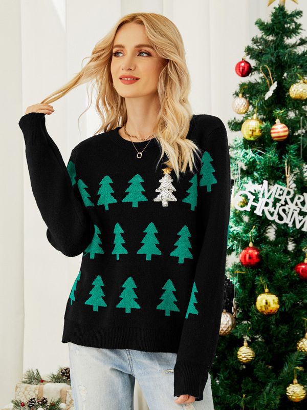 Shein Amazon European and American Clothing Autumn and Winter Pullover Jacquard Christmas Tree Knitwear Long-Sleeved Red Christmas Knitwear