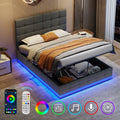 Ottoman Double Bed with LED Lights & Storage Grey PU Leather Frame Smart App