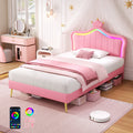 3ft Single Bed with LED Lights Princess Crown Headboard PU Leather Pink Girls