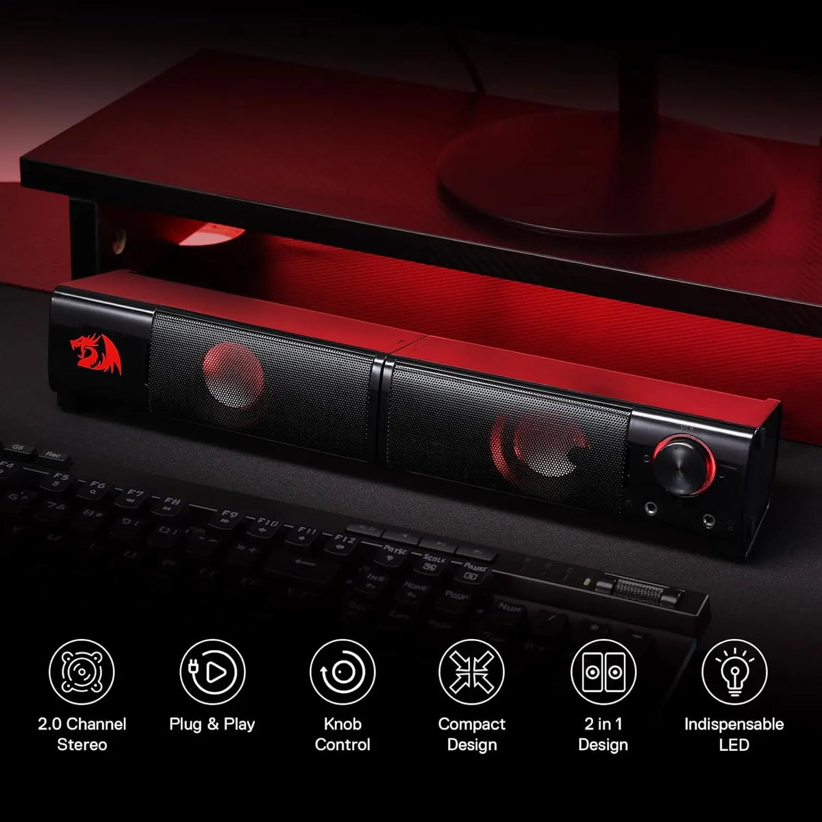 Redragon GS550 PC Gaming Speakers - Desktop Sound Bar Quality Bass & Red Backlight