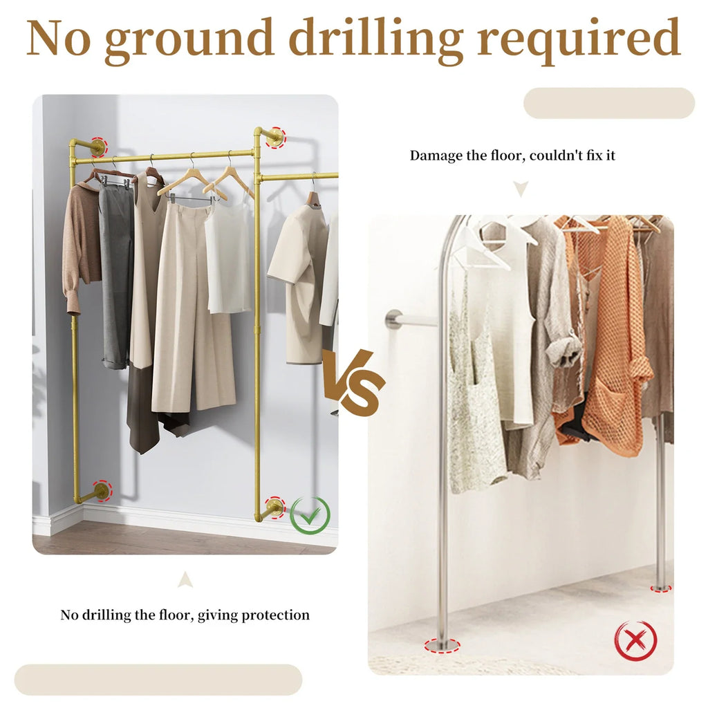 80.7 Inch Long Industrial Pipe Clothes Rack Double Clothes Rail Loft Residential Tidy Wardrobe Wall Clothing Hanging Rack