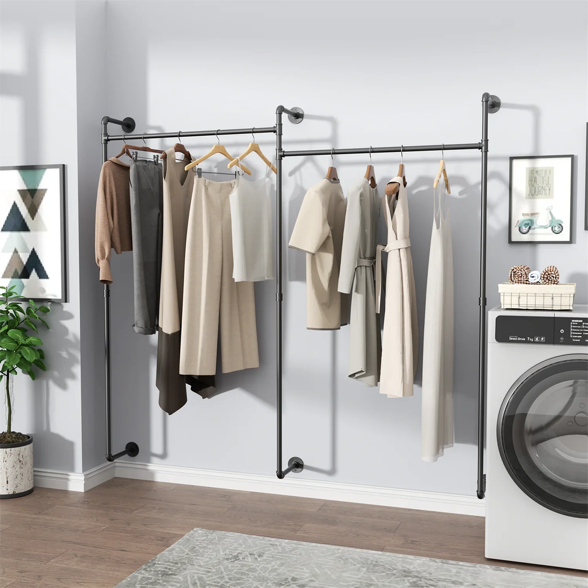 80.7 Inch Long Industrial Pipe Clothes Rack Double Clothes Rail Loft Residential Tidy Wardrobe Wall Clothing Hanging Rack