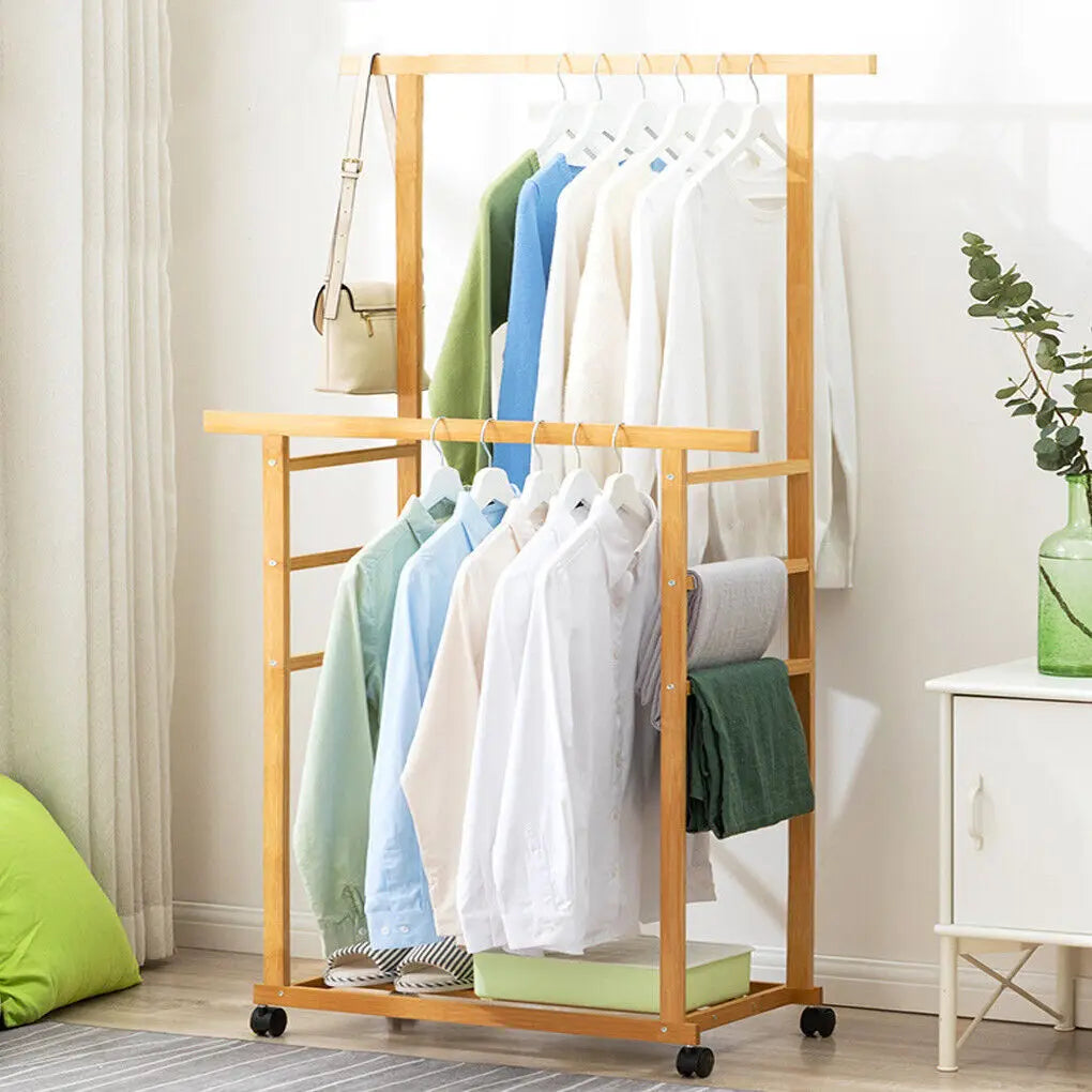 Double Layer Garment Hanging Display Stand Rack, Clothes Rail with Rolling Wheel, Heavy Duty, Wardrobe