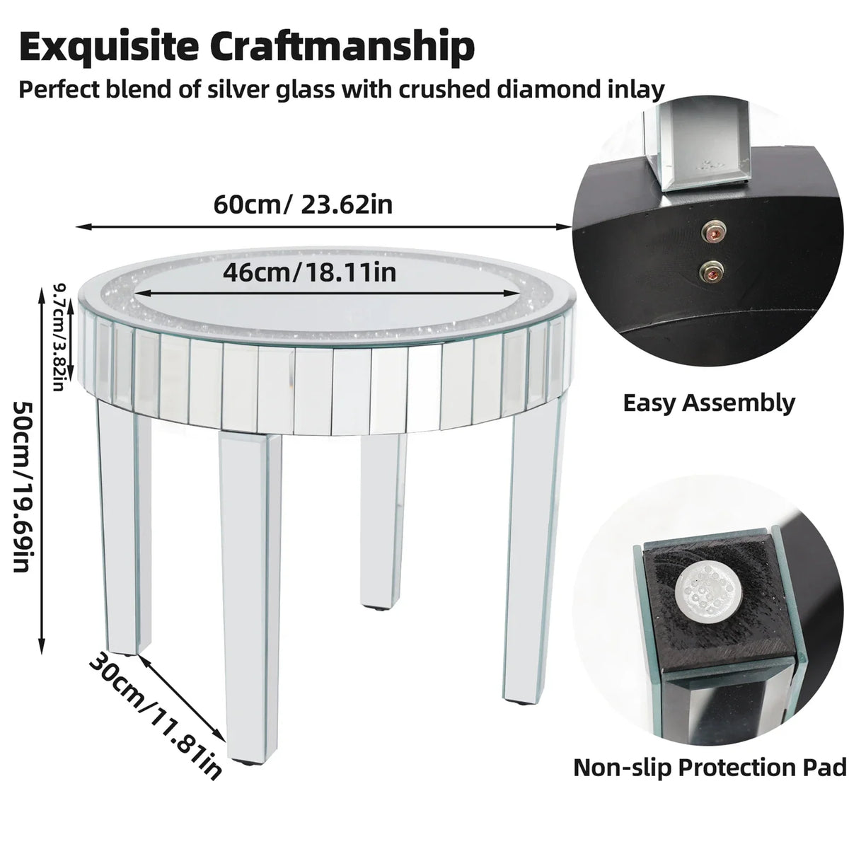 Crushed Crystal Round Mirrored Coffee Table, Sparkle Diamond, Sofa Side End Table, Accent Table, Bedside Table