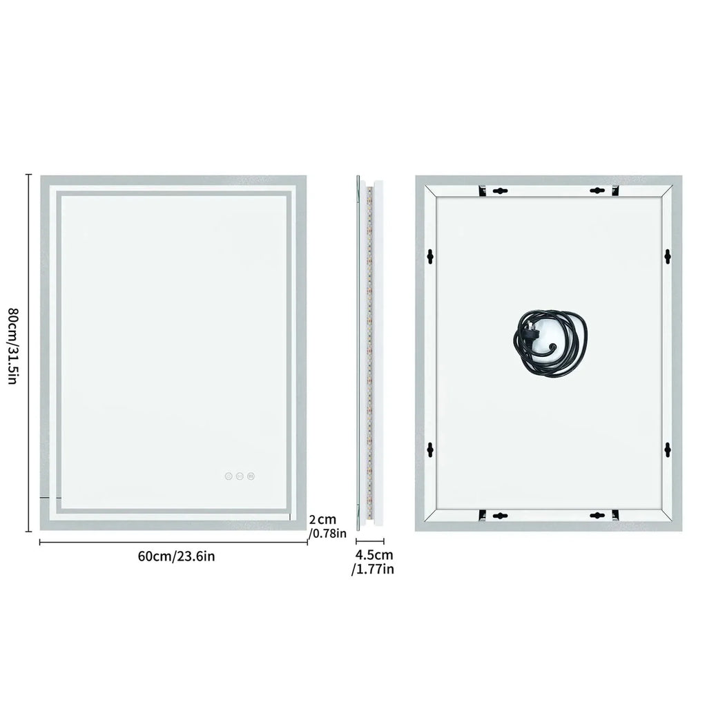 LED Light Bathroom Mirror Illuminated Wall Mounted Vanity Makeup Anti-Fog Rectangle 3 Colors Touch Light