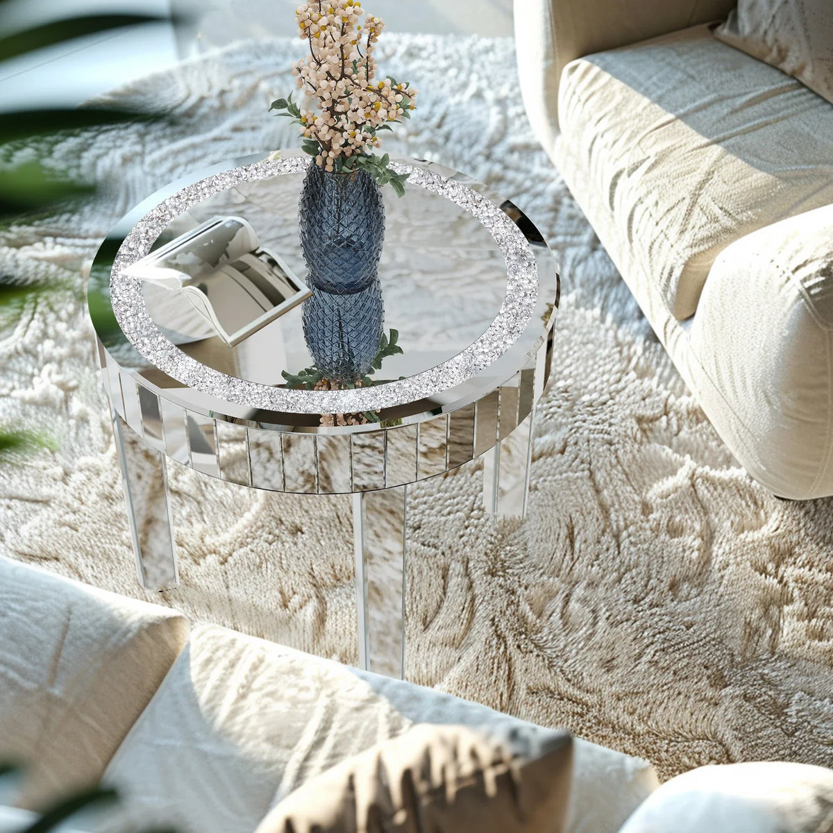 Crushed Crystal Round Mirrored Coffee Table, Sparkle Diamond, Sofa Side End Table, Accent Table, Bedside Table