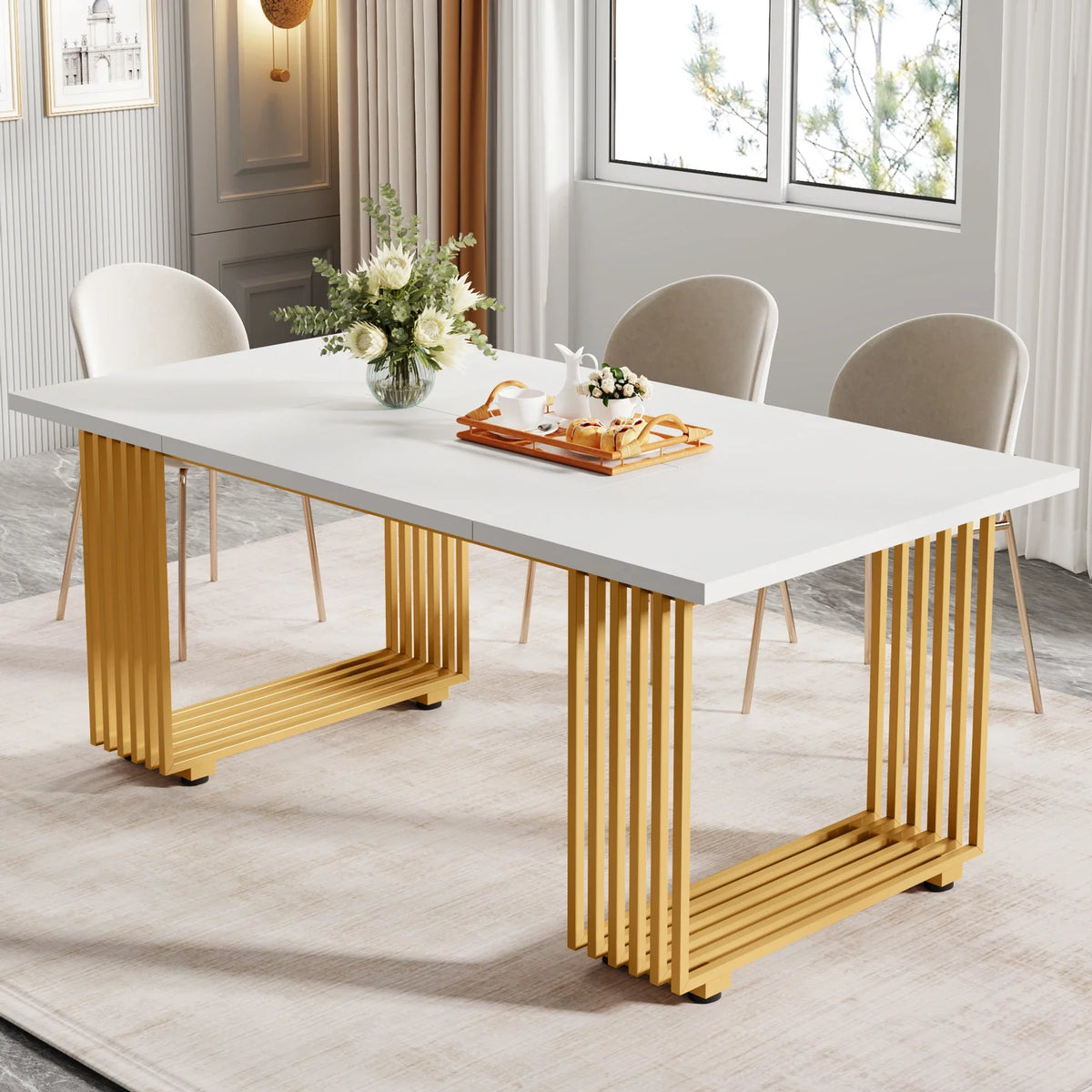Tribesigns 63-Inch Rectangular Dining Table for 4 to 6, Modern Kitchen Table with Faux Marble Table Top, White Dinner Tables