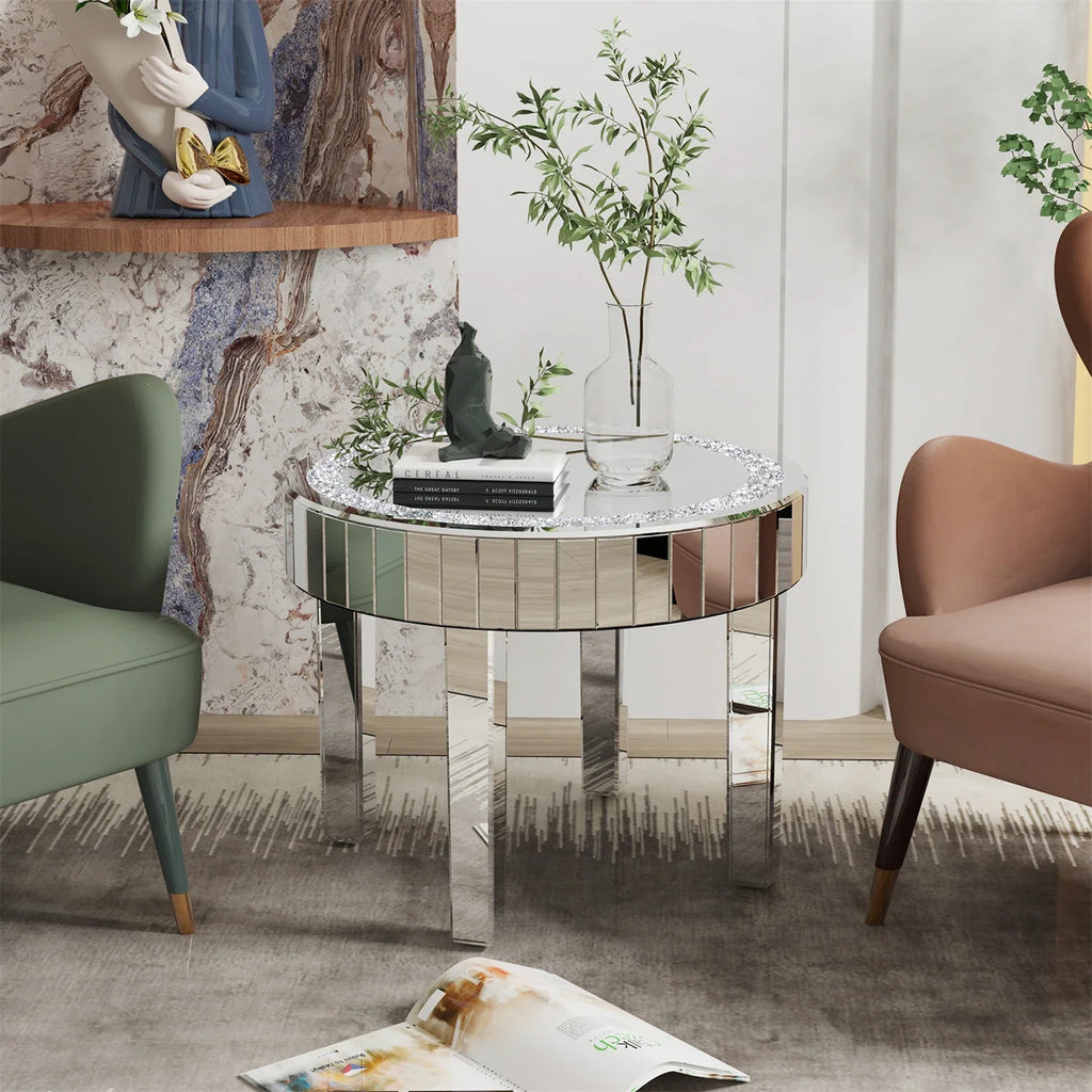 Crushed Crystal Round Mirrored Coffee Table, Sparkle Diamond, Sofa Side End Table, Accent Table, Bedside Table