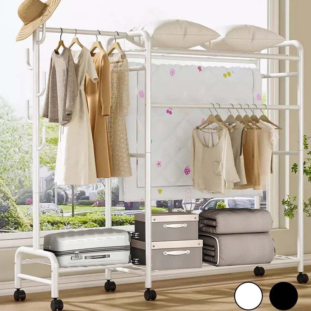 Coat Rack Movable Double Tier - Floor Standing Clothes Rail with Wheels for Bedroom Storage
