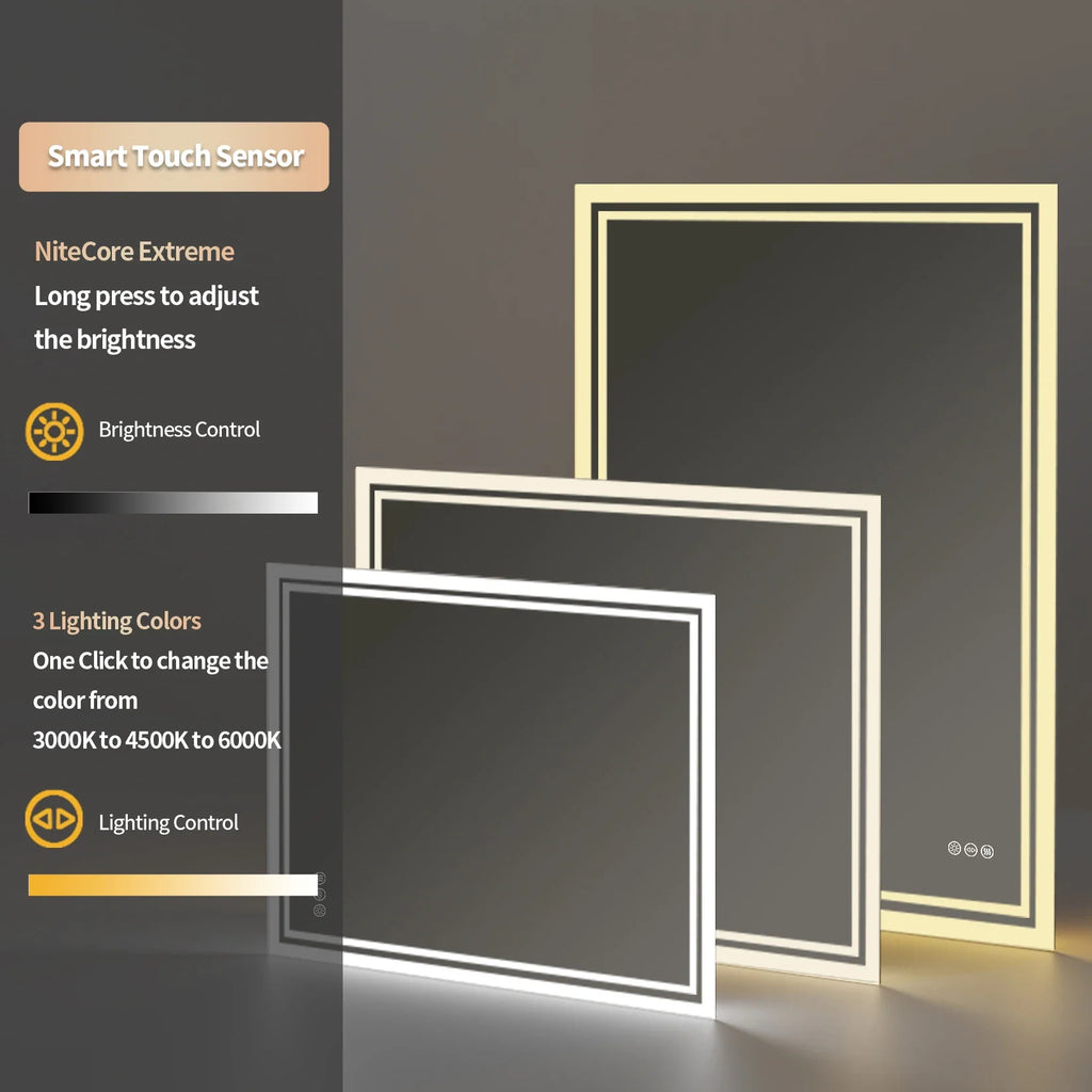 LED Light Bathroom Mirror Illuminated Wall Mounted Vanity Makeup Anti-Fog Rectangle 3 Colors Touch Light