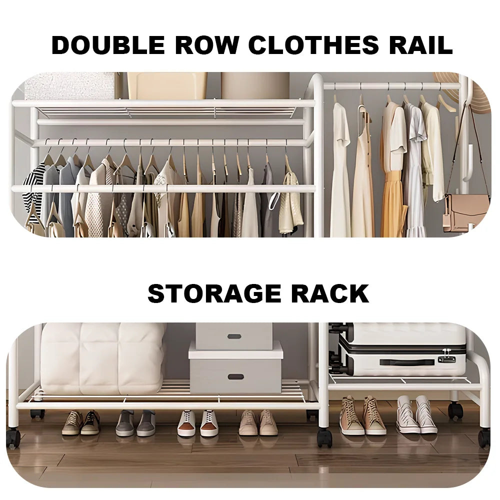 Coat Rack Movable Double Tier - Floor Standing Clothes Rail with Wheels for Bedroom Storage
