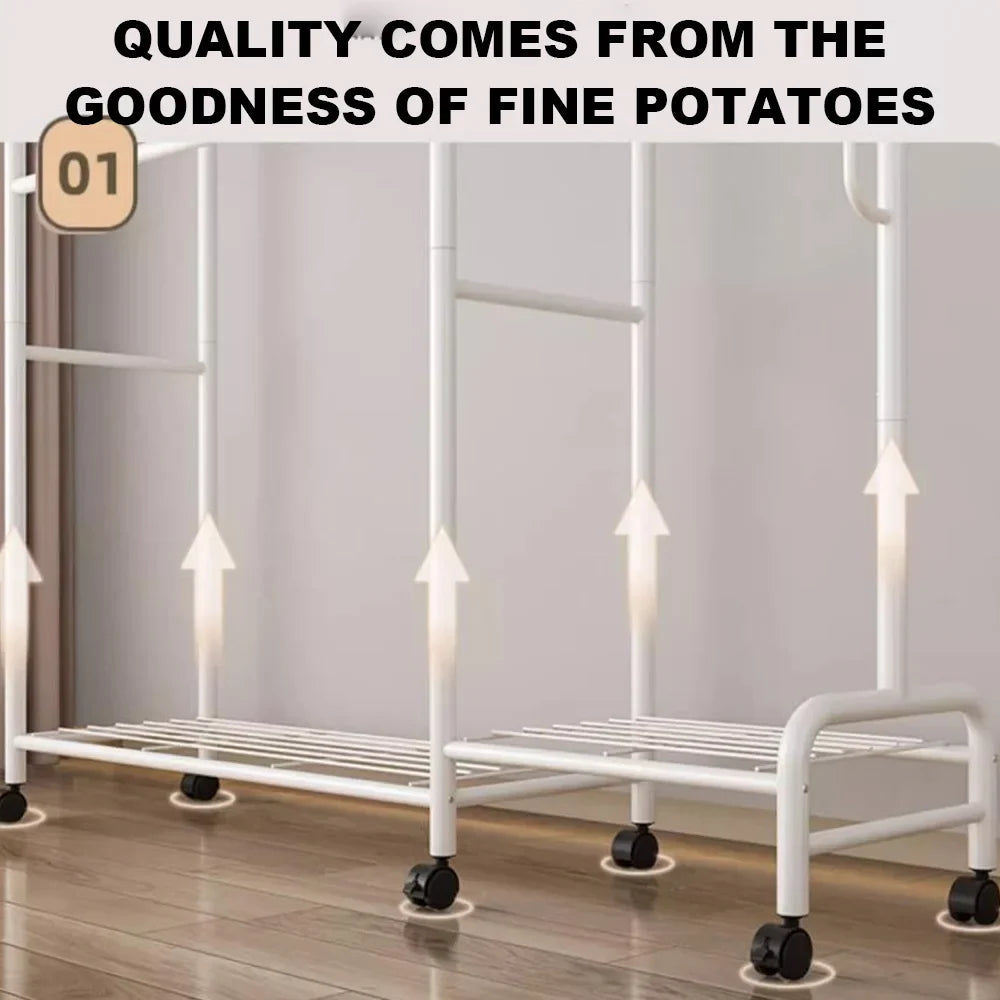 Coat Rack Movable Double Tier - Floor Standing Clothes Rail with Wheels for Bedroom Storage