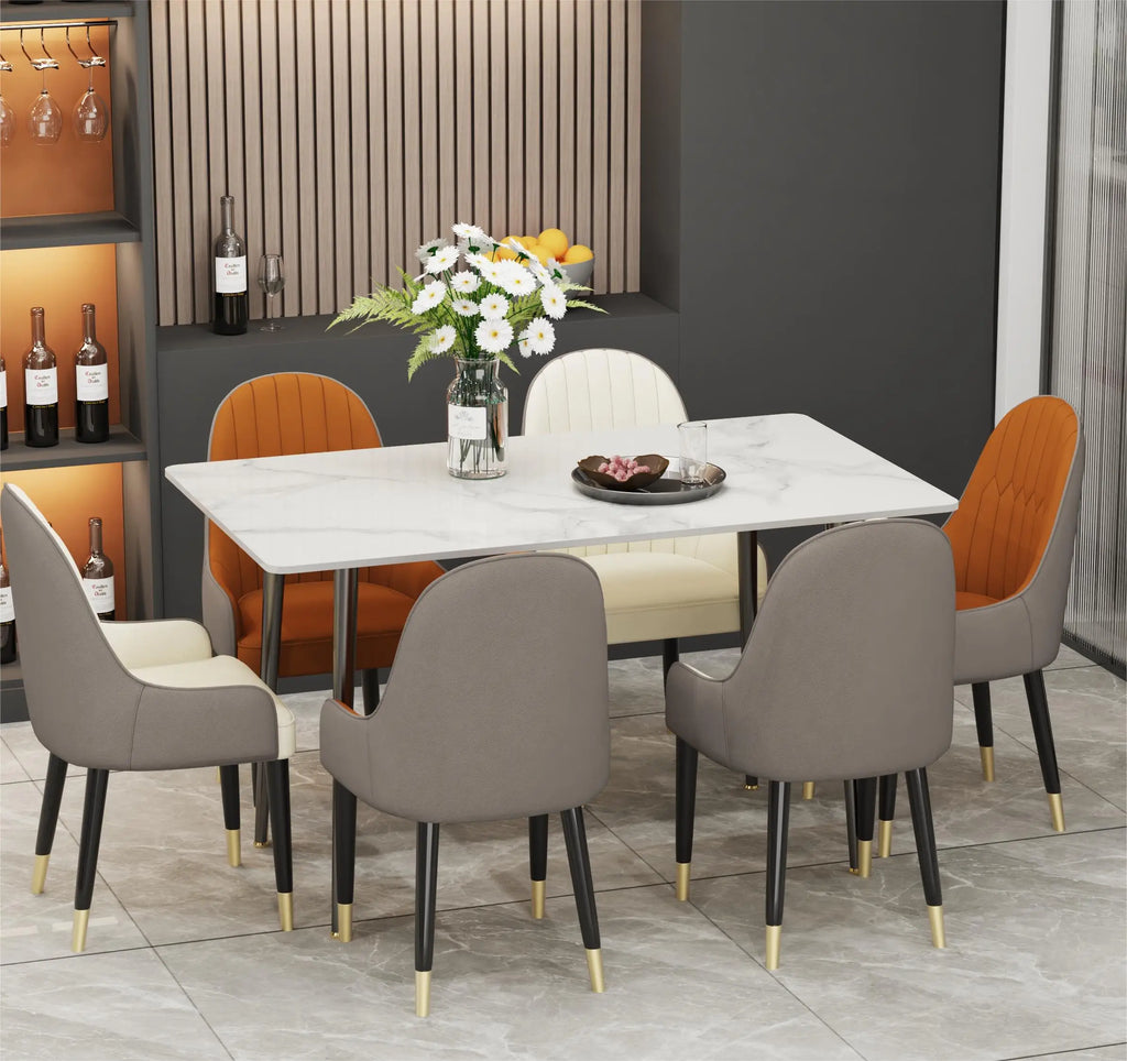 High Gloss 4-6 Seat Rectangular Marble Dining Table for Kitchen Island Restaurant Lunch Dinner Table Metal Frame