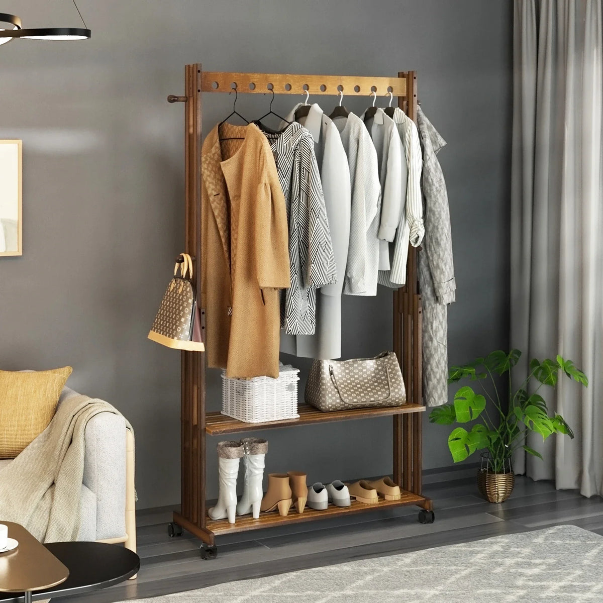 Hall Tree Hat and Coat Stand Entryway Hallway Clothes Rail Rack, 2 Shoe Shelves with Wheels, Open Wardrobe