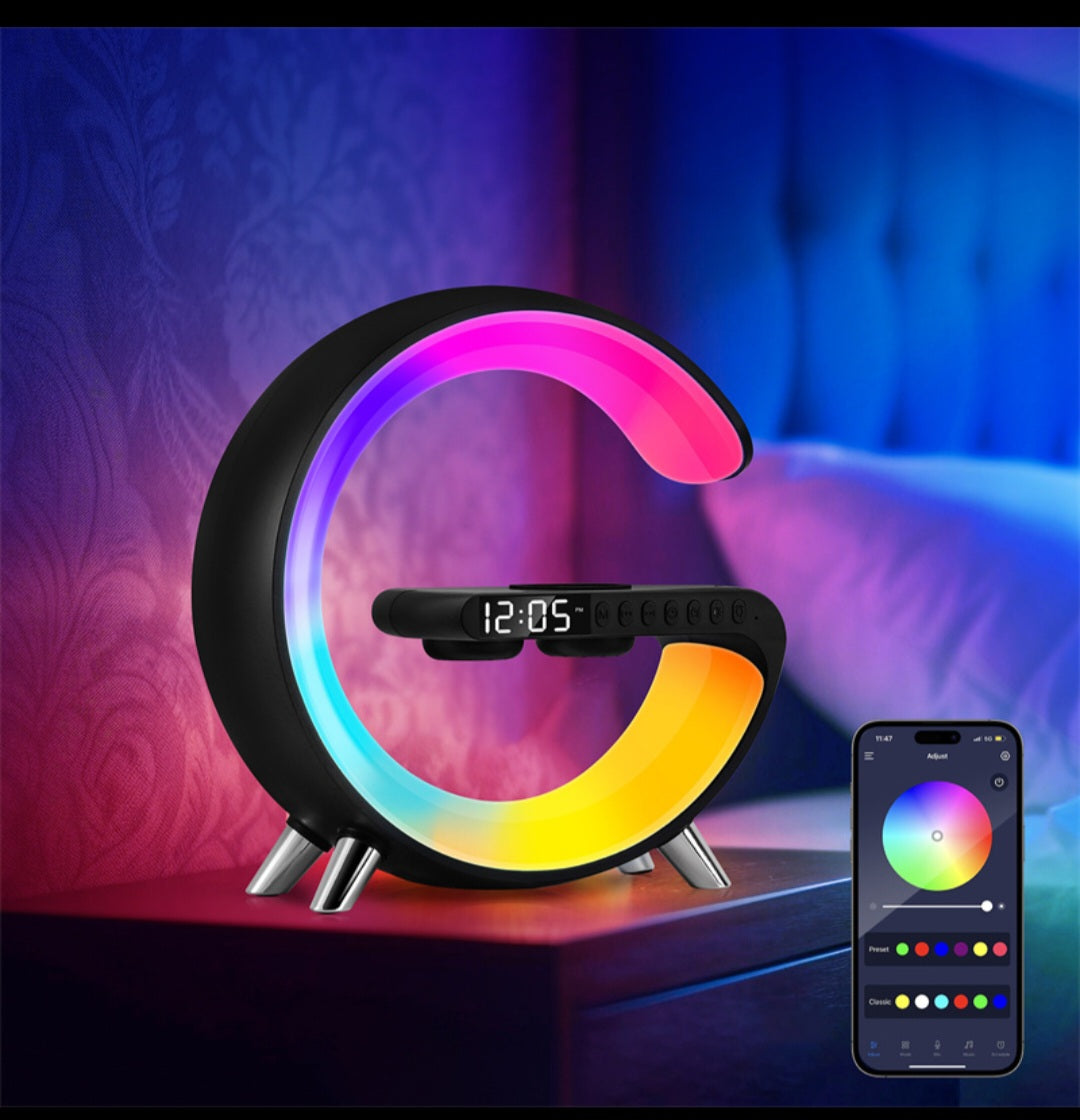 G-Shaped LED Lamp features — wireless charging, Bluetooth speaker, alarm clock