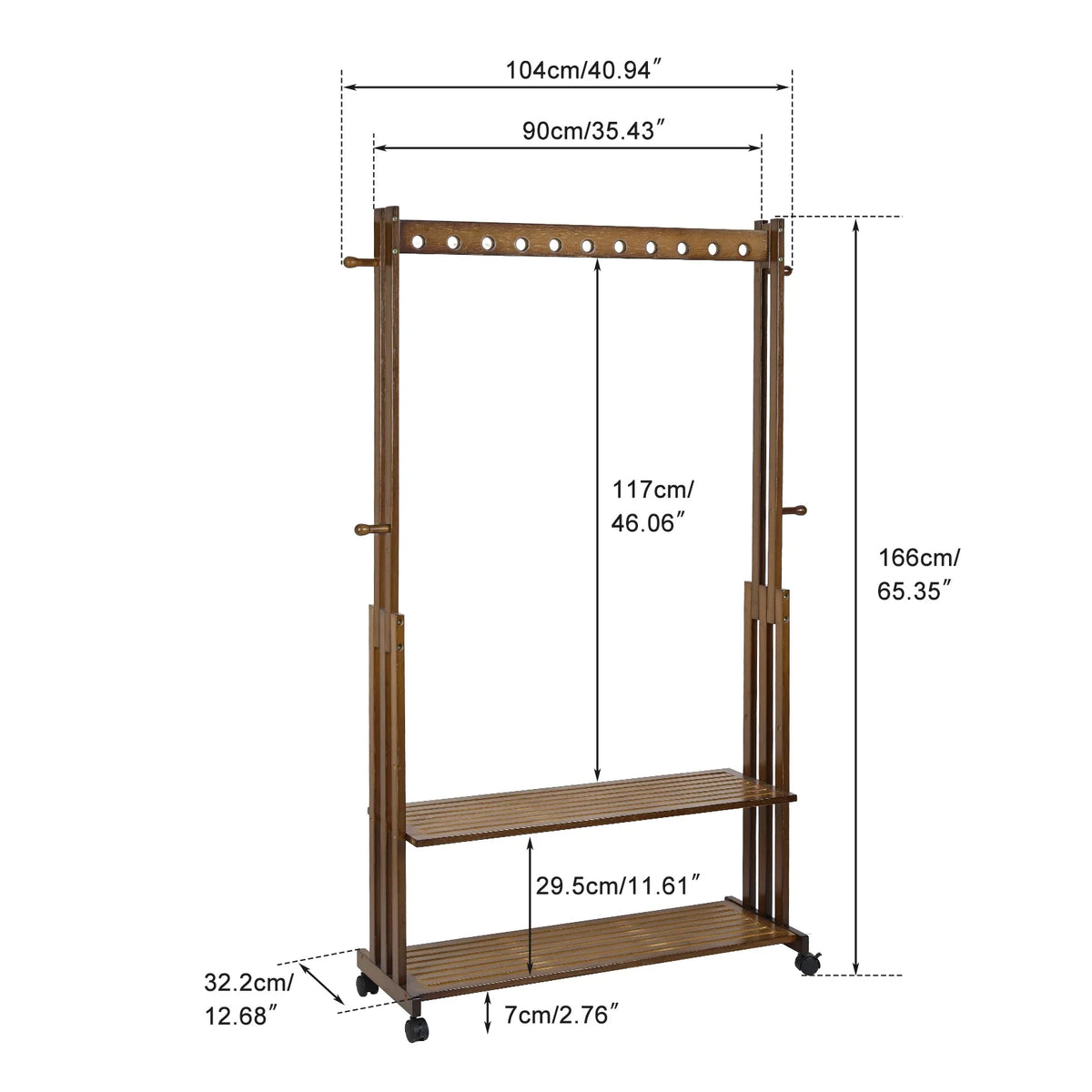 Hall Tree Hat and Coat Stand Entryway Hallway Clothes Rail Rack, 2 Shoe Shelves with Wheels, Open Wardrobe