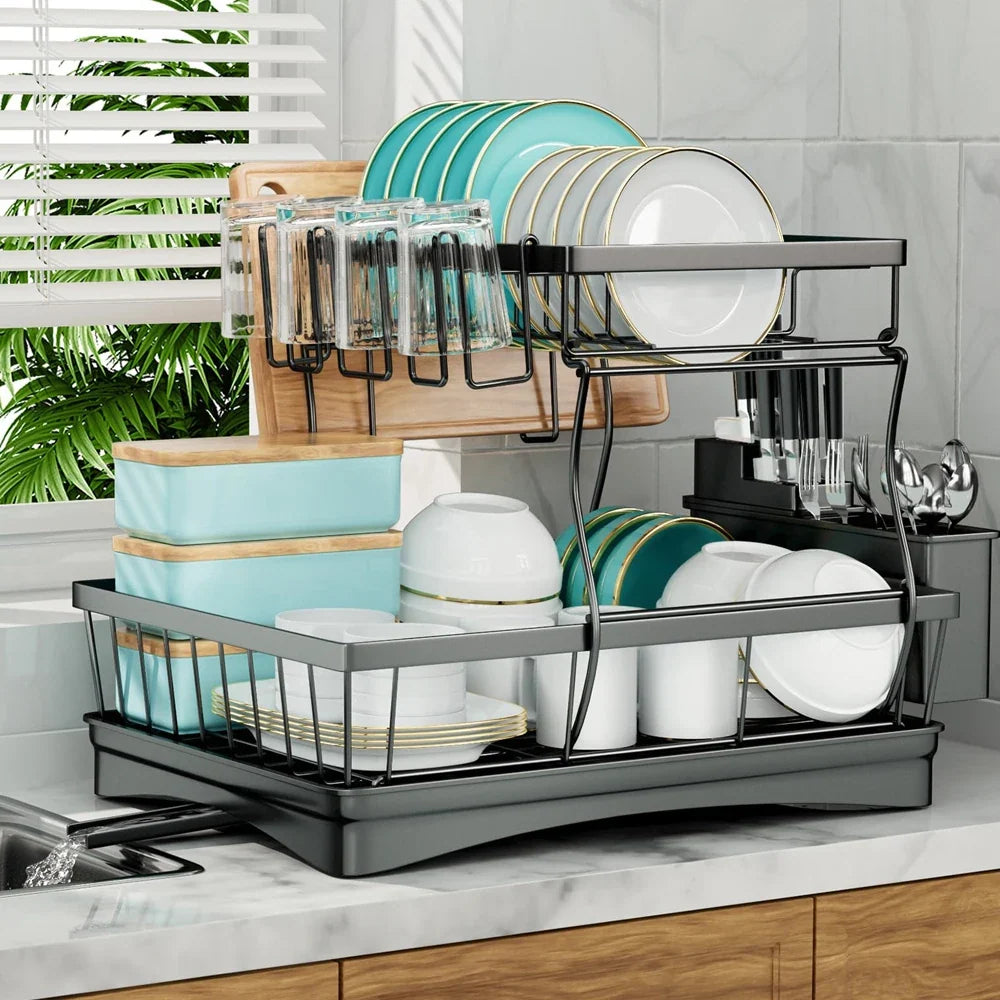 Large 2-tier dish drying rack for kitchen countertops, removable large-capacity dish draining rack