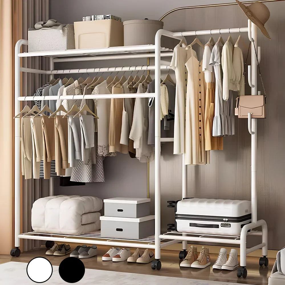 Coat Rack Movable Double Tier - Floor Standing Clothes Rail with Wheels for Bedroom Storage