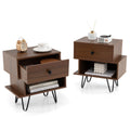 Bedside Table Set of 2 Mid Century Modern Nightstand Drawer Walnut Side Tables