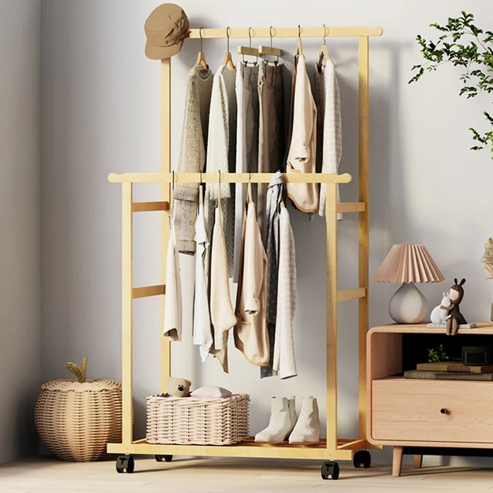 Double Layer Garment Hanging Display Stand Rack, Clothes Rail with Rolling Wheel, Heavy Duty, Wardrobe
