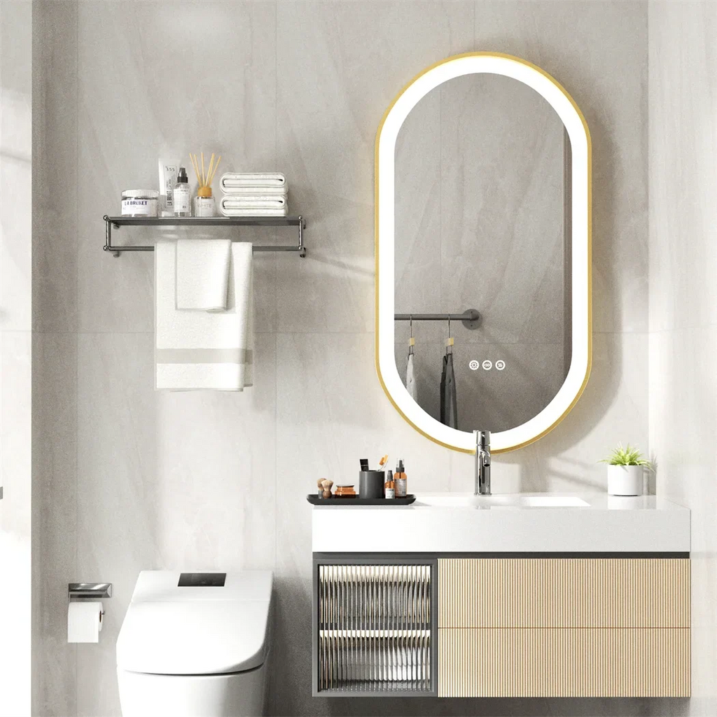 LUVODI Luxury Oval Led Illuminated Bathroom Mirror Gold Aluminum Frame with Demister Pad