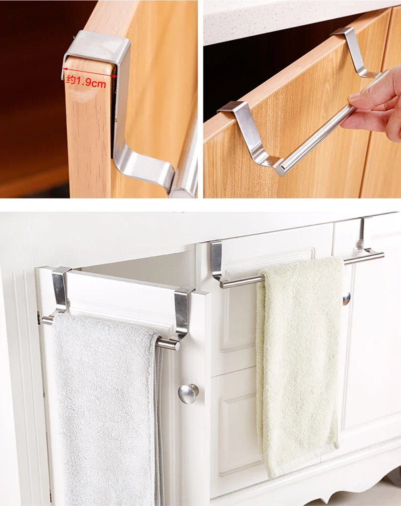 Kitchen Cabinet Door Towel Bar Stainless Steel Door Back Towel Hanging Holder Bathroom Punch-free Towels Hooks  Home Organizer