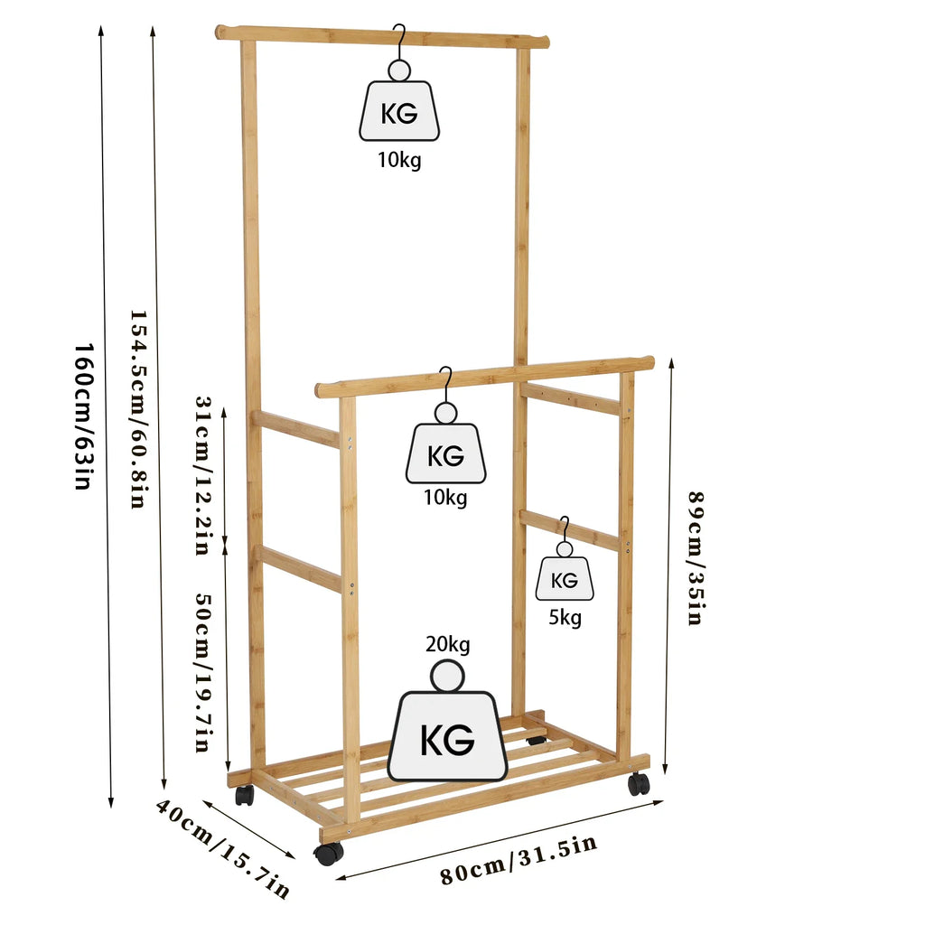 Double Layer Garment Hanging Display Stand Rack, Clothes Rail with Rolling Wheel, Heavy Duty, Wardrobe