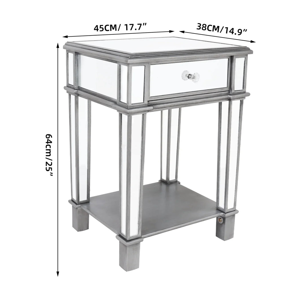 Silver Mirrored Nightstand End Side Table with Drawer – Bedside Cabinet Mirror