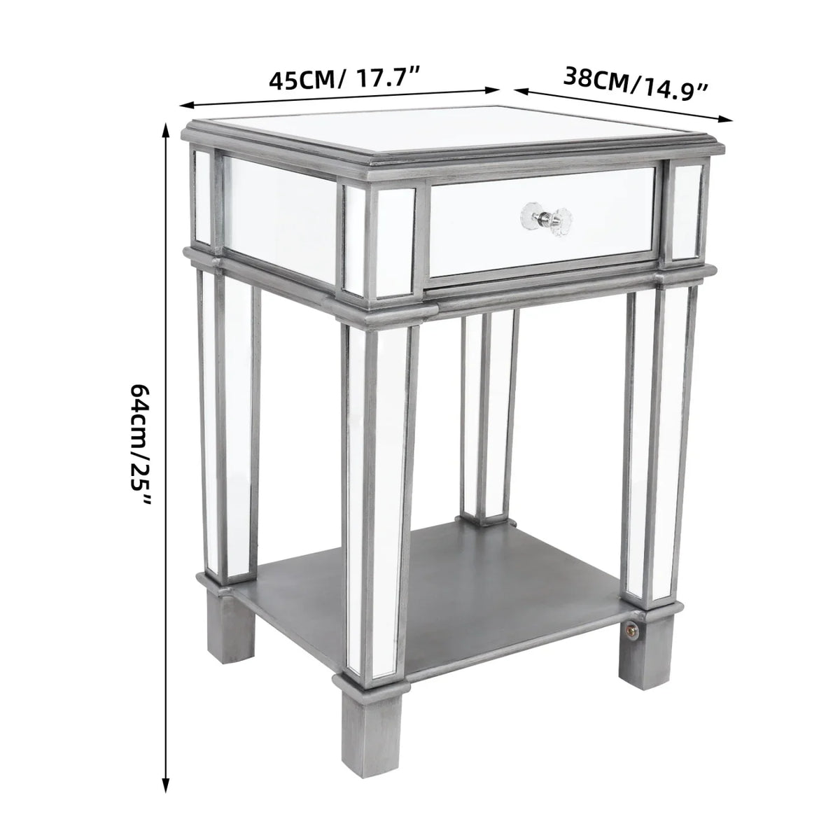 Silver Mirrored Nightstand End Side Table with Drawer – Bedside Cabinet Mirror