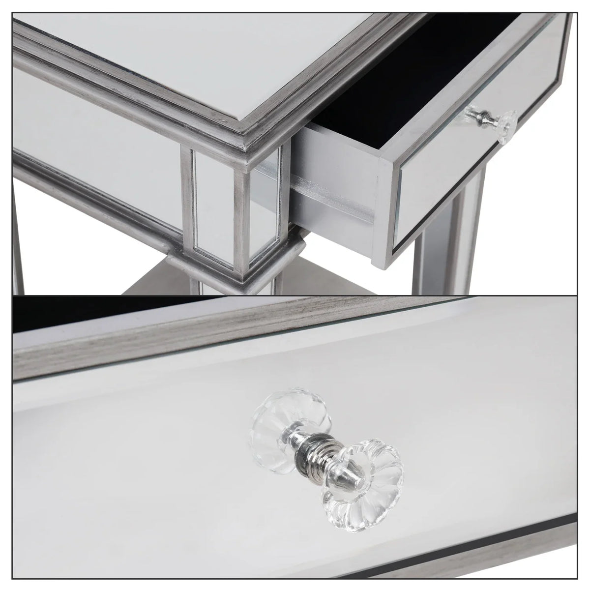 Silver Mirrored Nightstand End Side Table with Drawer – Bedside Cabinet Mirror