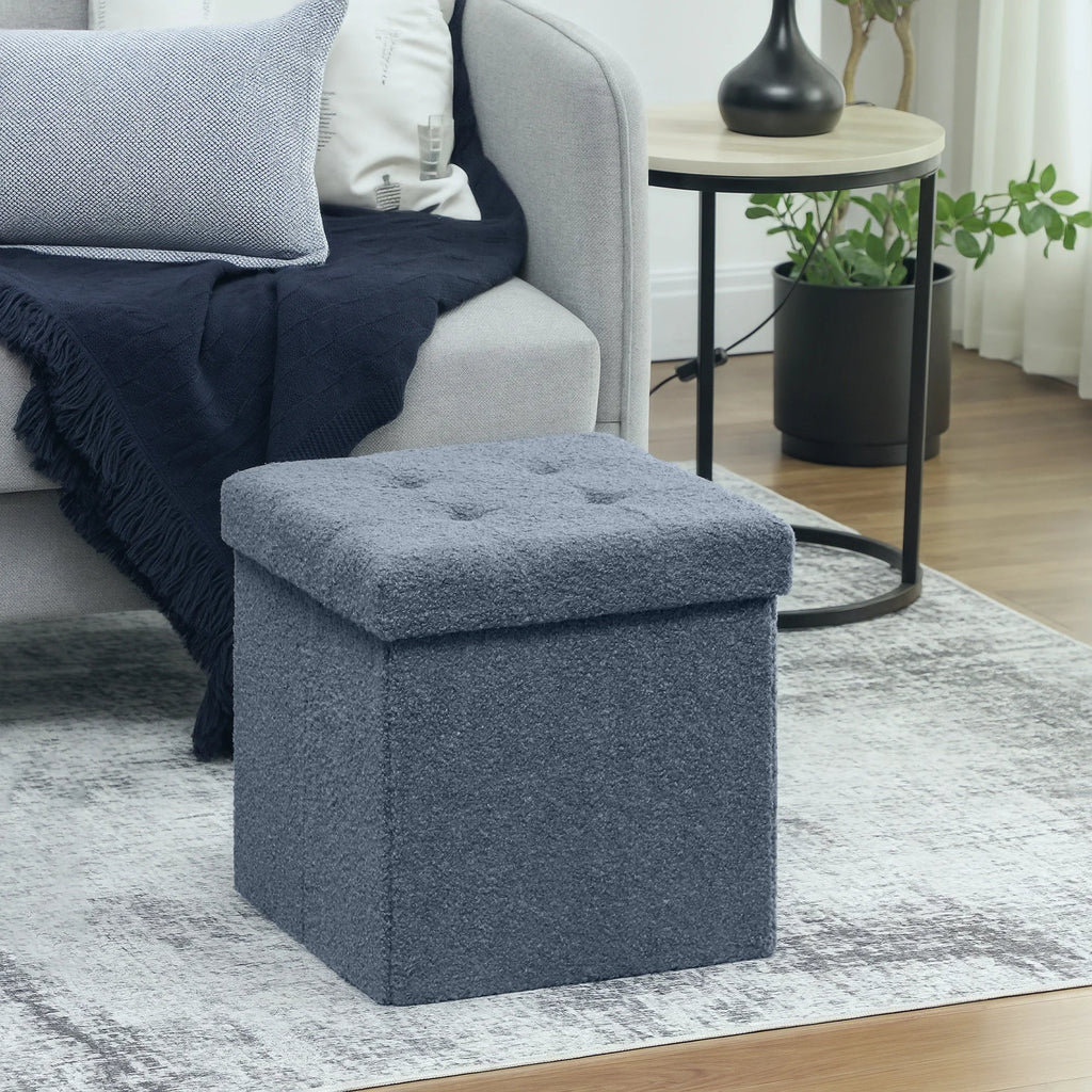 Foldable Sherpa Fleece Storage Ottoman Cube Footstool Blue - Living Room Bedroom Stool