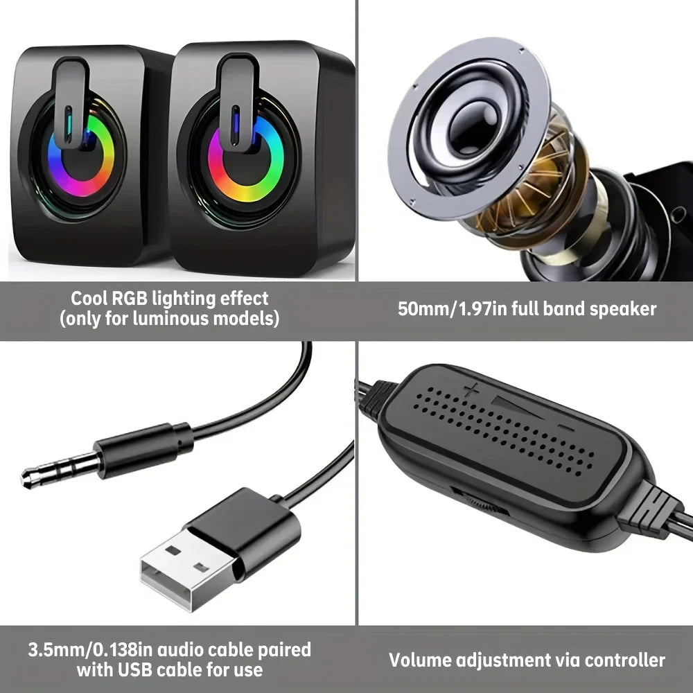USB Wired Computer Speakers with LED Light - HiFi Stereo PC Sound Box with Microphone for Desktop & Laptop