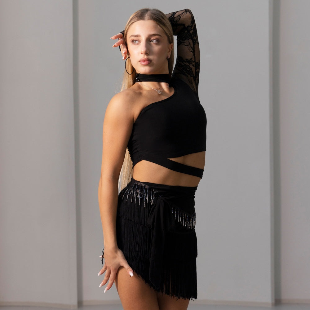 Latin Dance Practice Outfit Lace-spliced Top With Tassel Mini Skirt