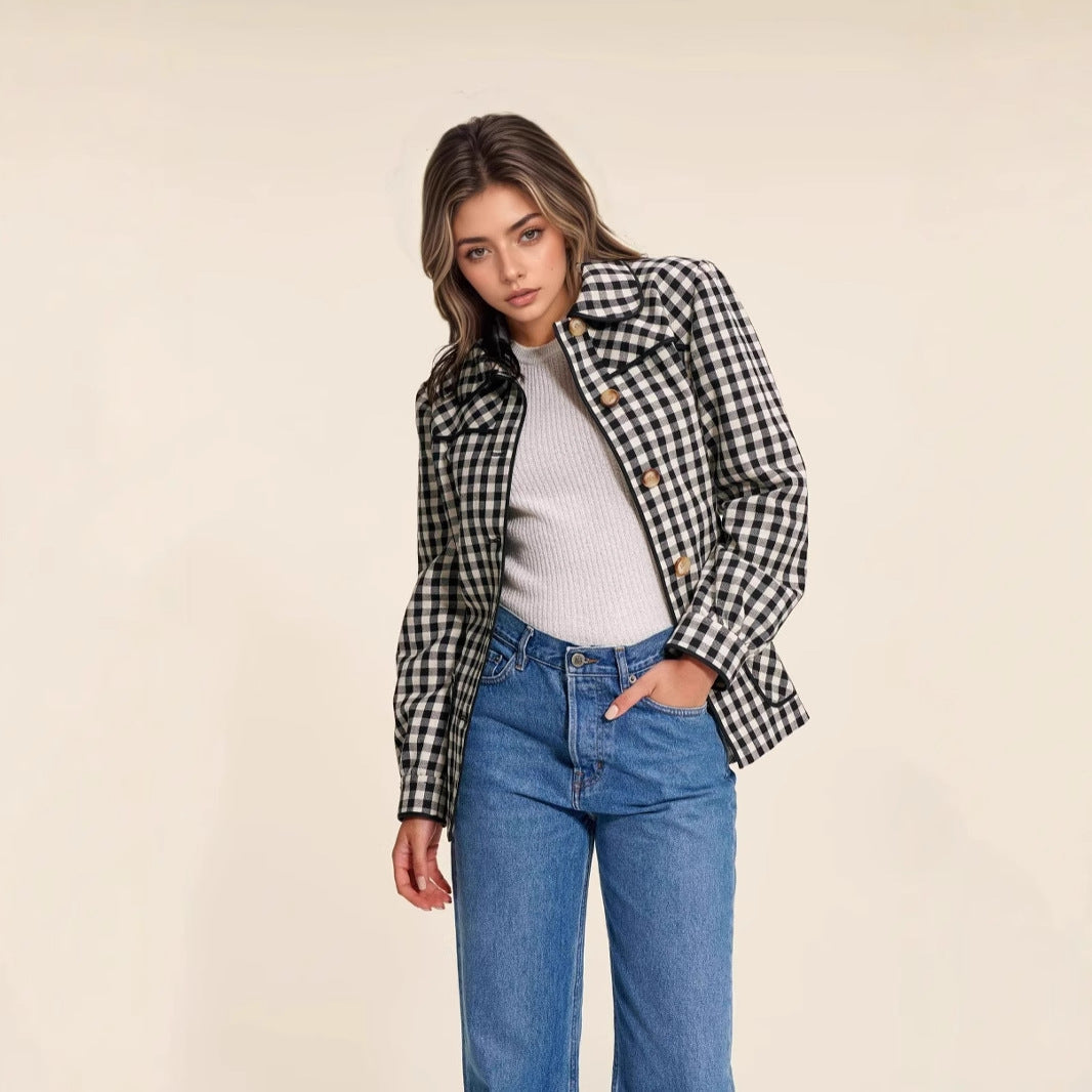 Fashion Women's Wear Plaid Button Long Sleeve Coat