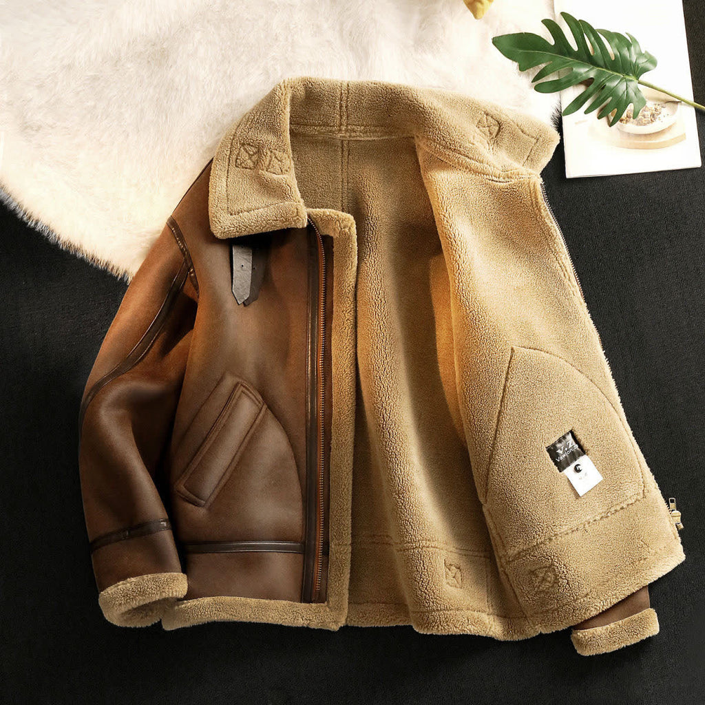 Men's Winter Fleece-Lined Thickened Kamela PU Leather Lamb Wool Integrated Cotton Jacket