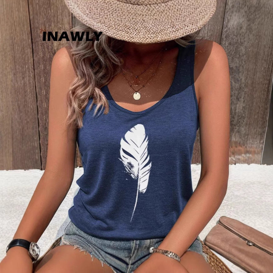 Feather Print Vest Sleeveless Round Neck Fashion Sexy