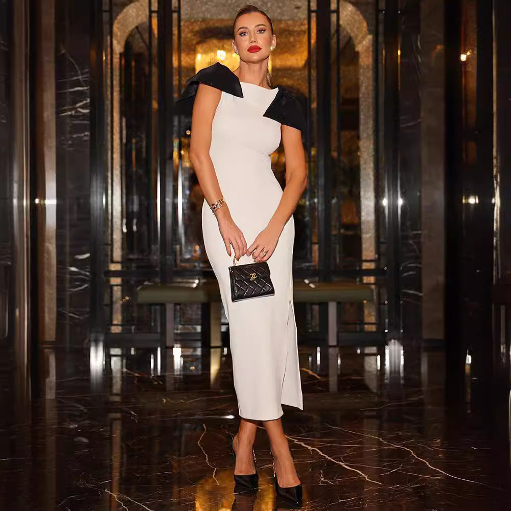 Black-and-white Contrast Sleeveless Sheath Dress