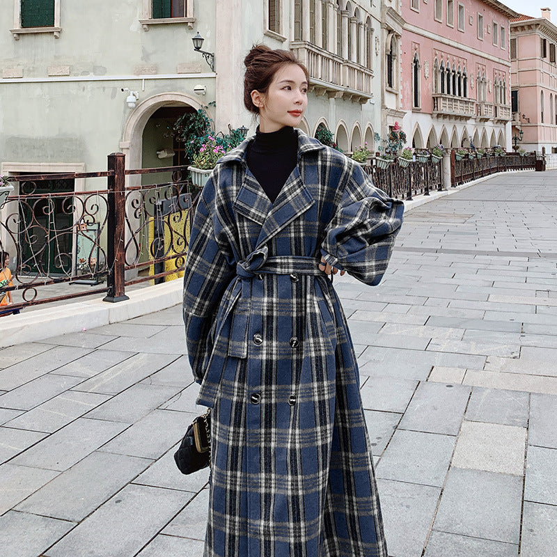 Women's Mid-length Plaid Woolen Coat
