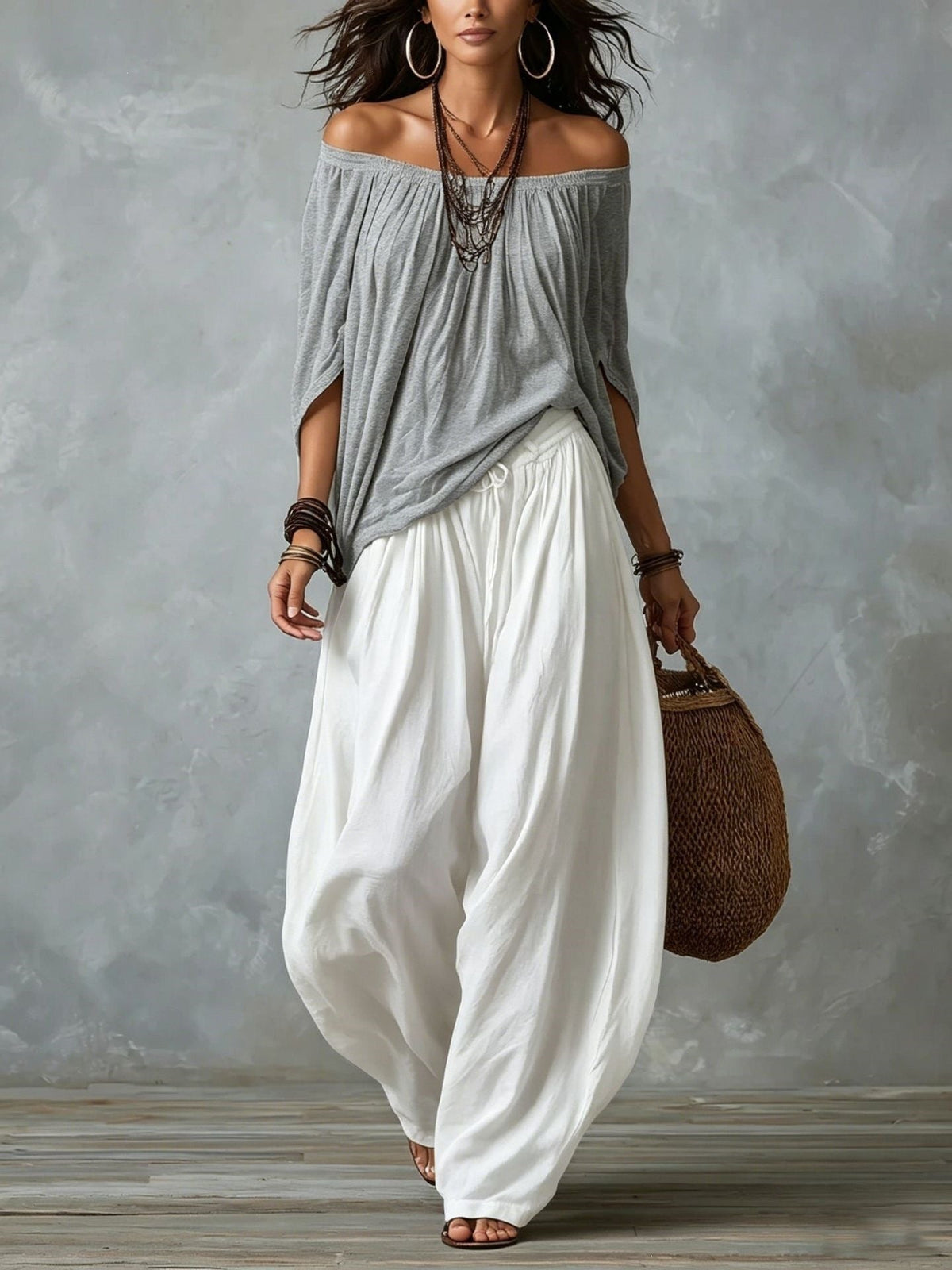 Women's Off-Shoulder Suit Long Sleeve Top And Flare Leg Pants Set - Loose Fit Casual Two Piece Outfit