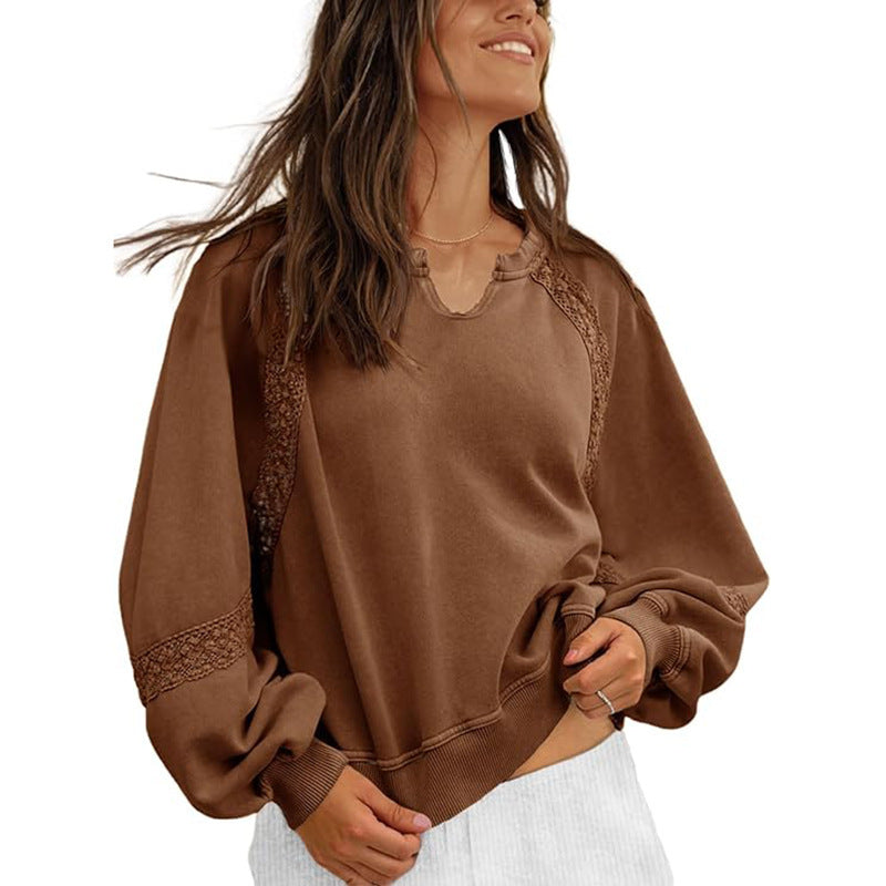 Women's Sweatshirt Casual V-neck Lace Sweater