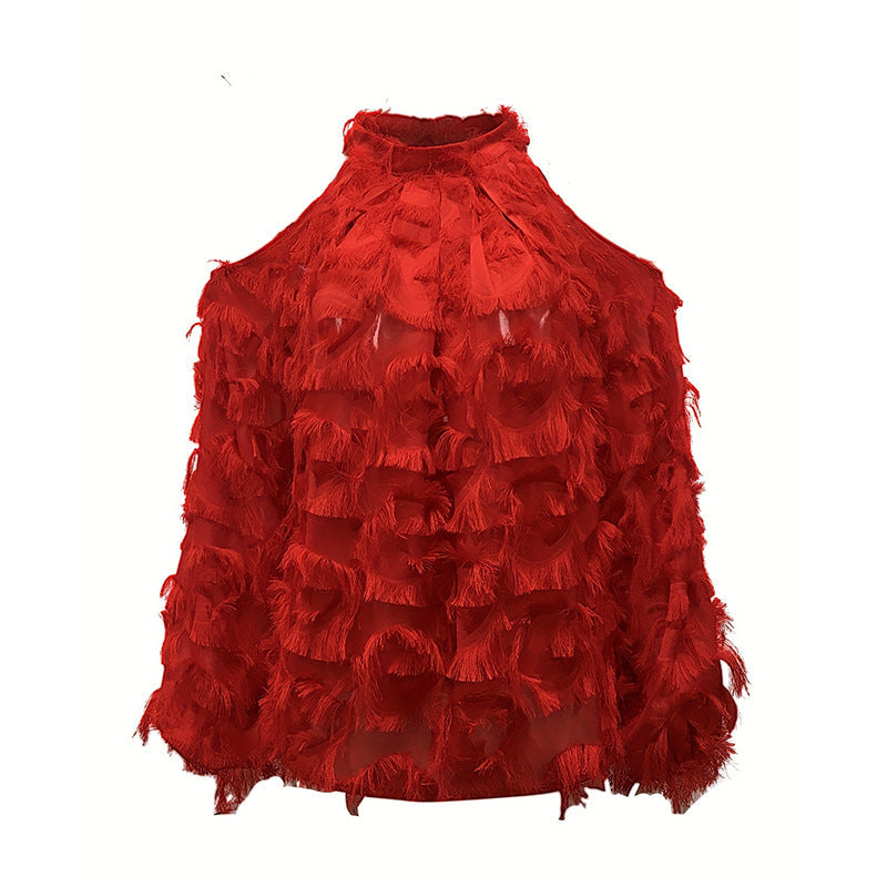 French-style Fringed Long-sleeve Off-shoulder Blouse For Everyday Commuting