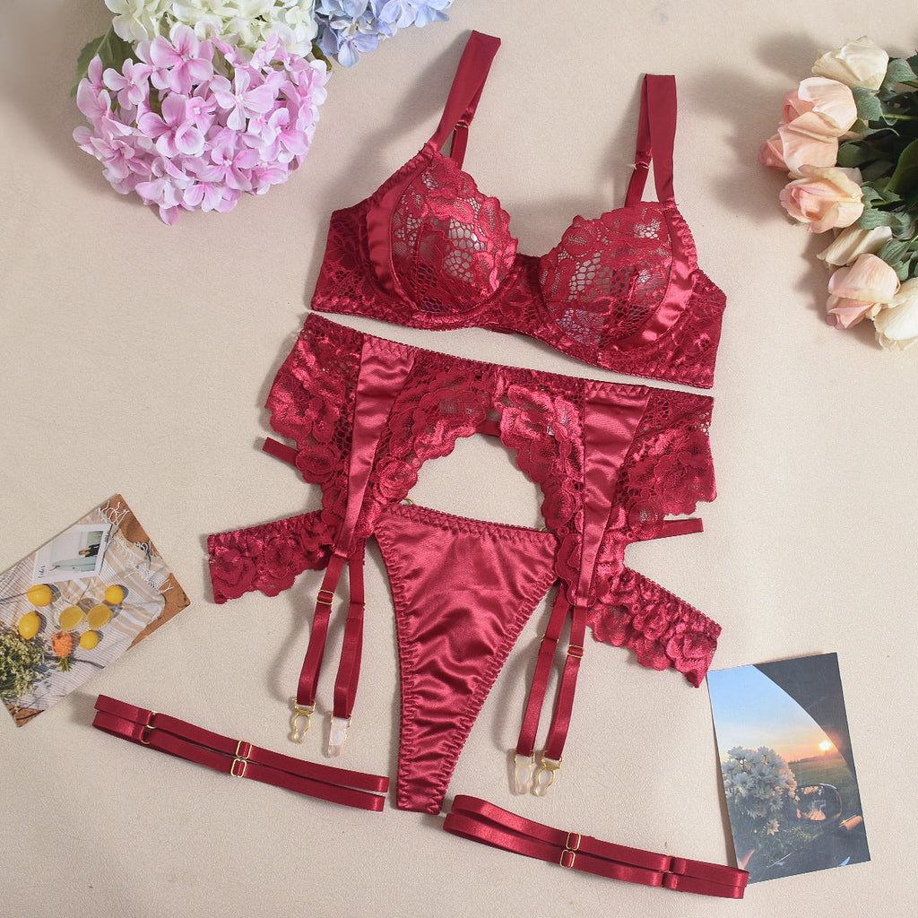 See-through Dress Satin Lace Stitching Bra Sexy Seduction