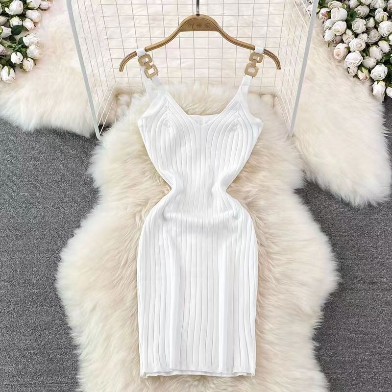 Metal Decorative Sling Woolen Skirt Slimming Hip Knitwear Dress
