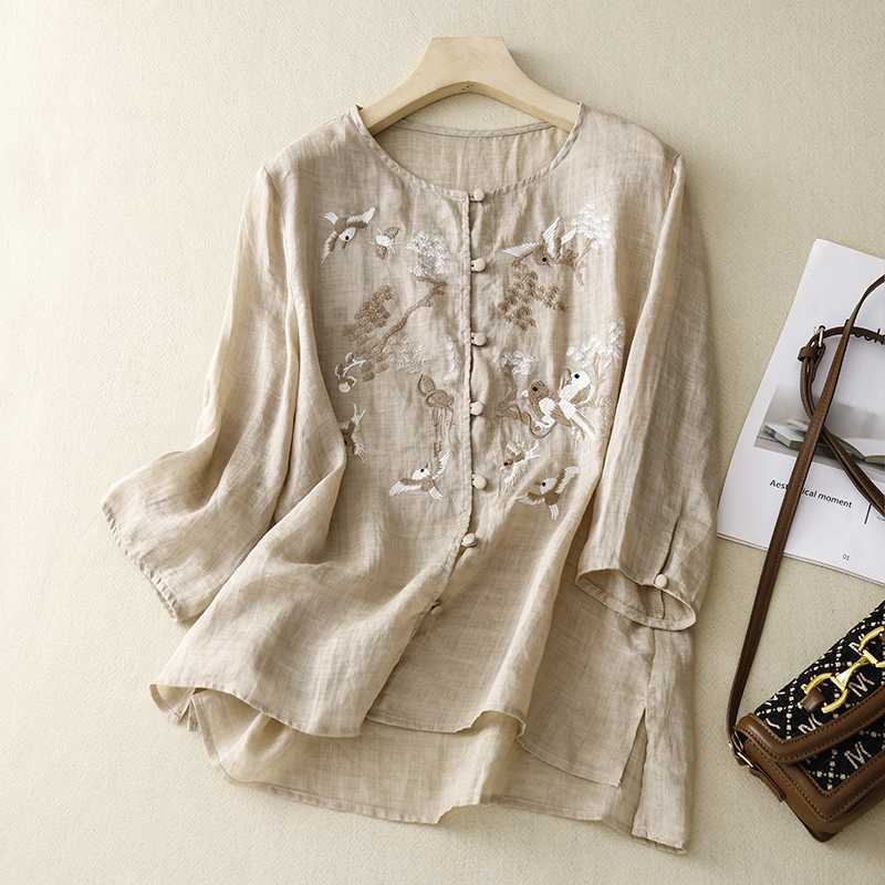 Women's Casual Embroidered Shirt Made Of Cotton And Linen