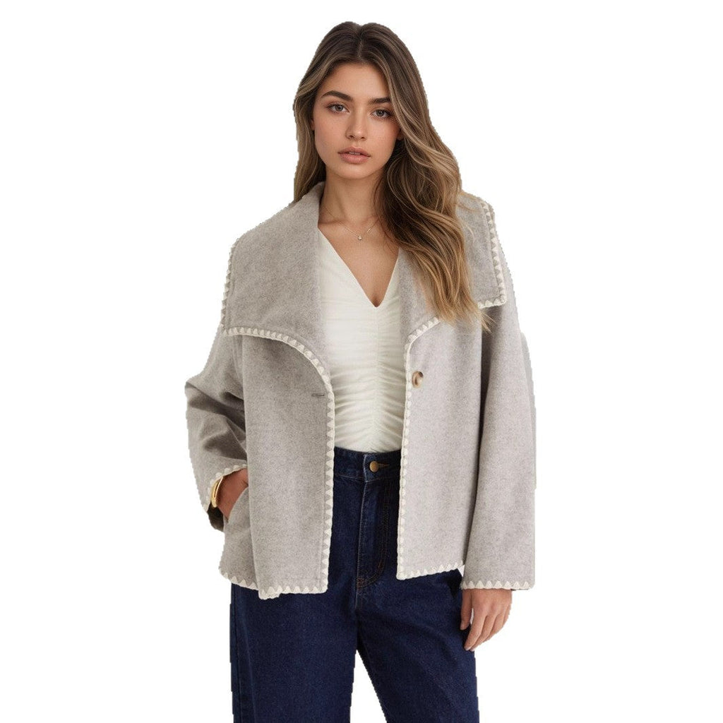 Elegant Warm Short Contrast Color Loose Design Cardigan Coat