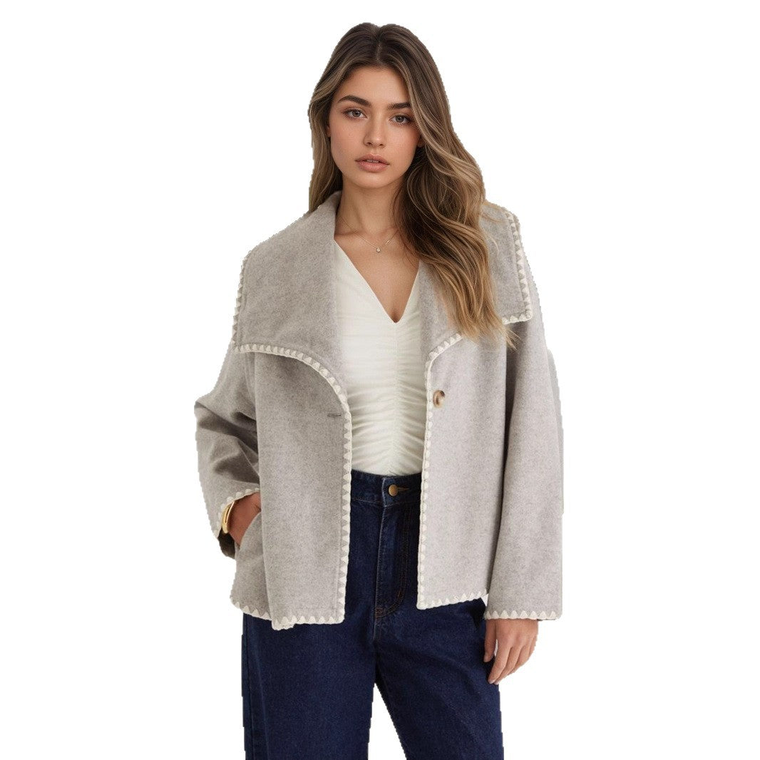 Elegant Warm Short Contrast Color Loose Design Cardigan Coat