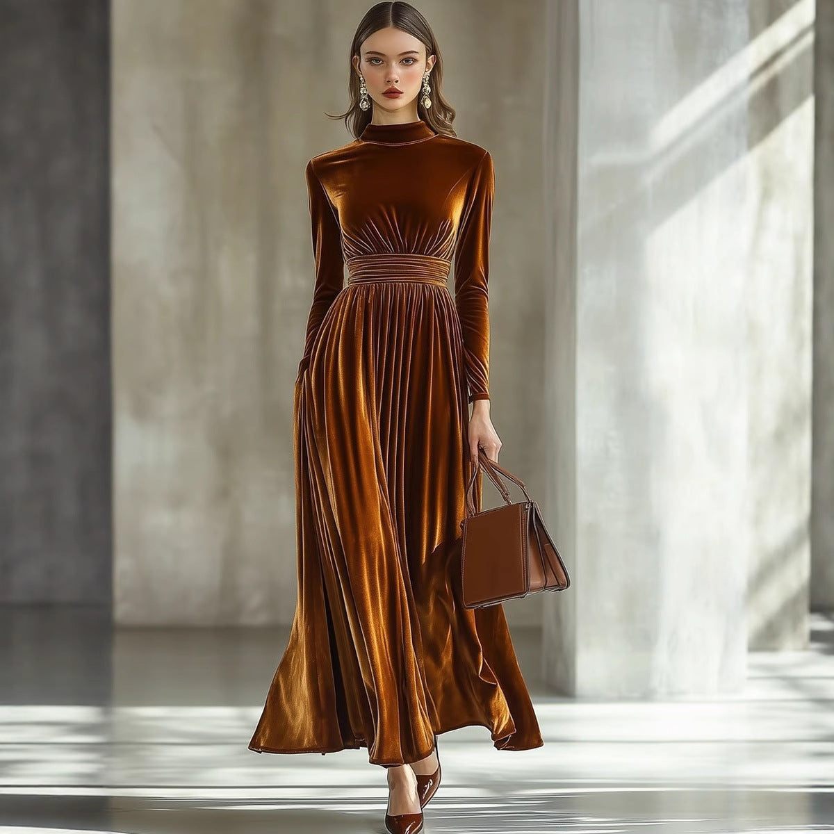 Pleuche Long Sleeve Dress Waist Slimming